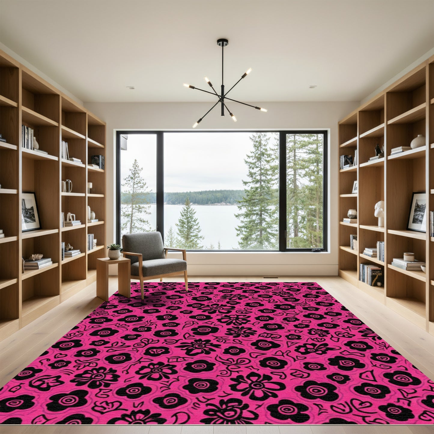 Vibrant Pink Black Floral Bloom Rug