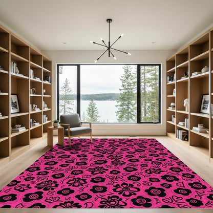 Vibrant Pink Black Floral Bloom Rug