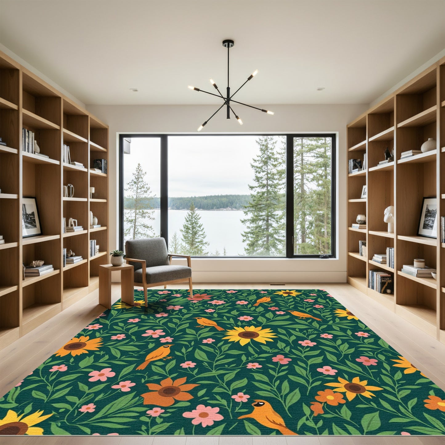 Whimsical Orange Birds And Sunflowers Rug