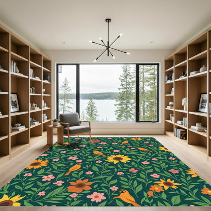 Whimsical Orange Birds And Sunflowers Rug