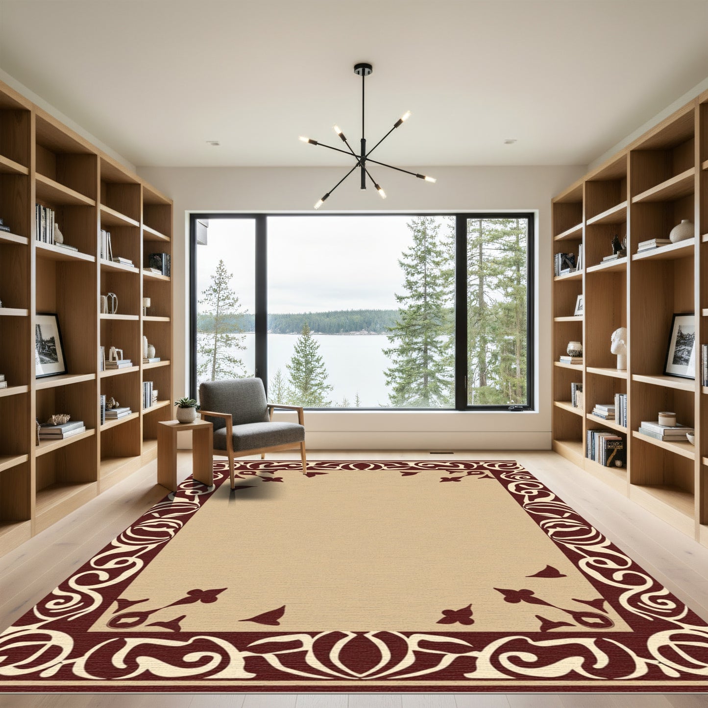 Ornate Crimson Floral Border Rug