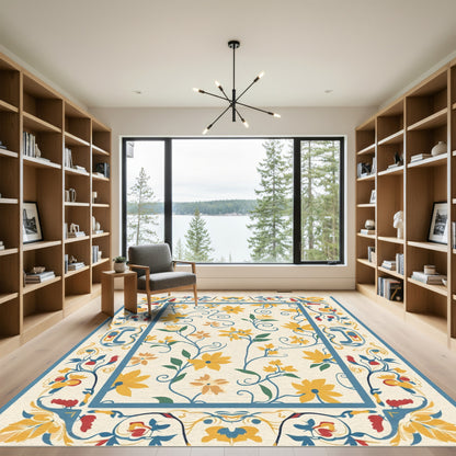 Golden Yellow Floral Botanical Border Accents Rug