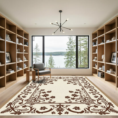 Brown Floral Ornament Square Border Rug