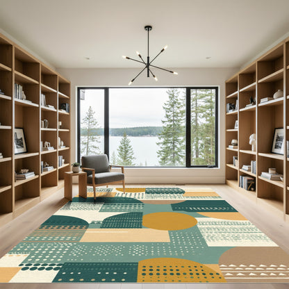 Abstract Circles And Rectangles In Ochre Teal Rug