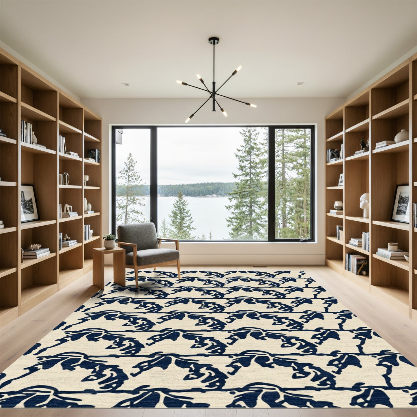 Navy Blue Abstract Horse Run Motif Rug