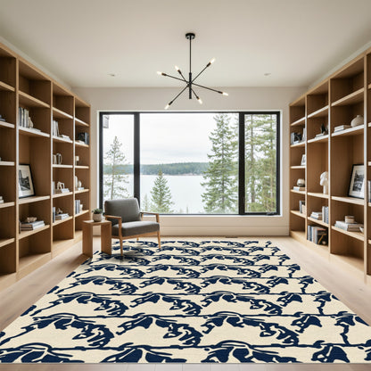 Navy Blue Abstract Horse Run Motif Rug