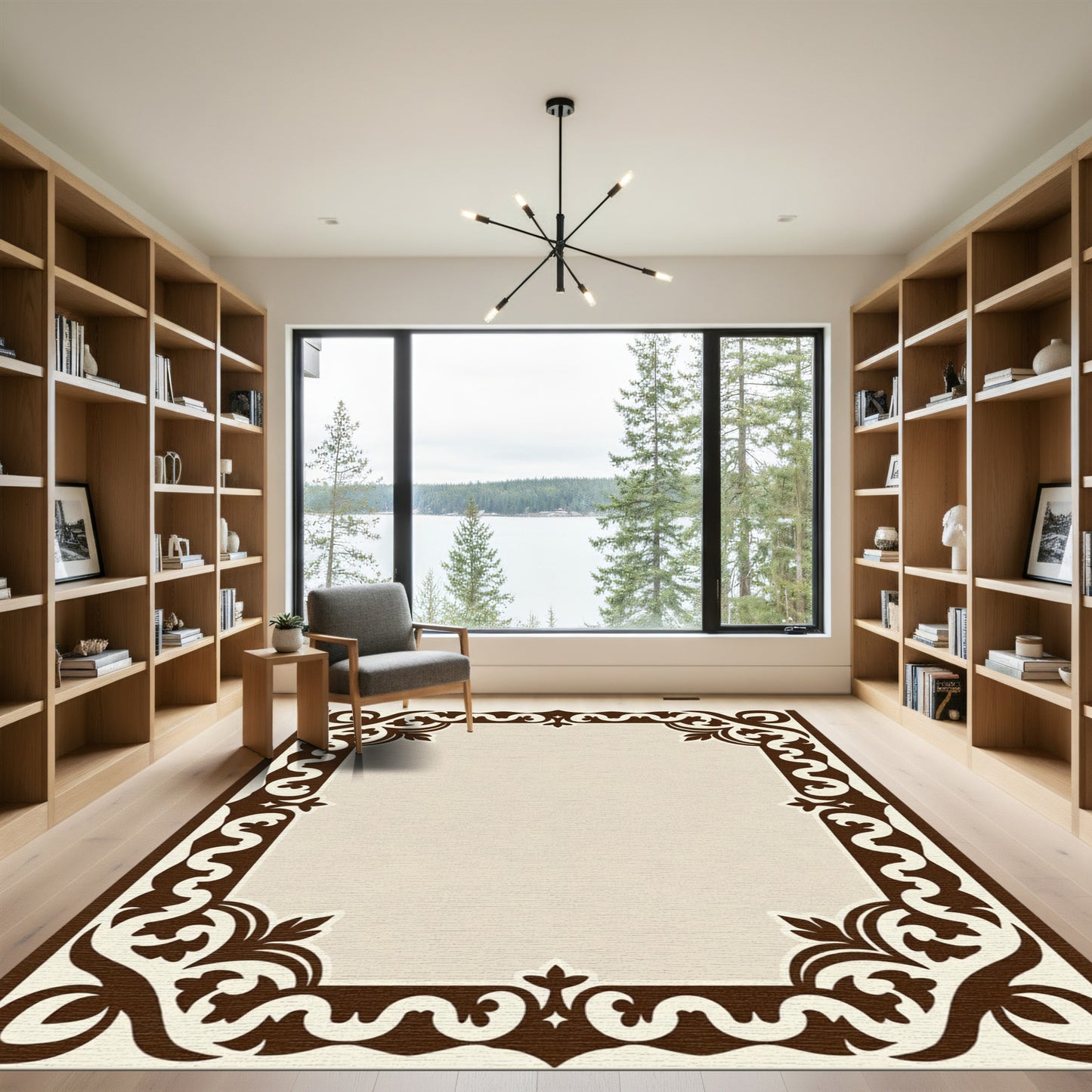Rich Brown Ornamental Scroll Border Rug