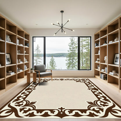 Rich Brown Ornamental Scroll Border Rug