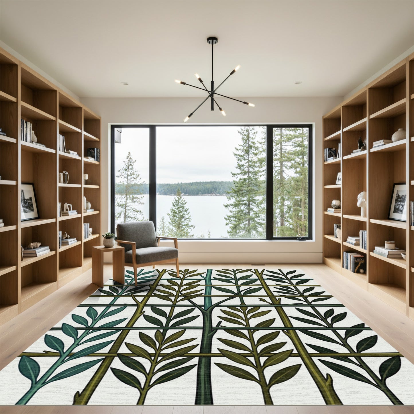 Green Leafy Branches Grid Rug