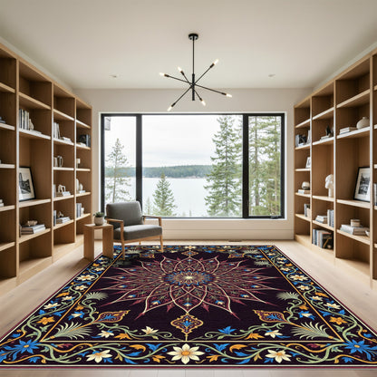 Royal Black Floral Mandala Medallion Rug