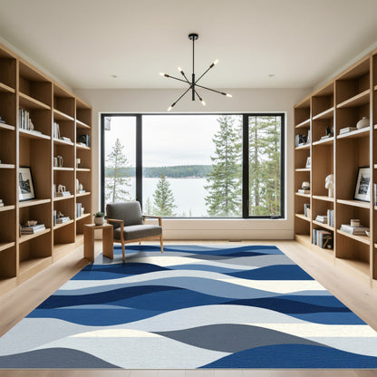 Deep Blue Abstract Wave Landscape Rug