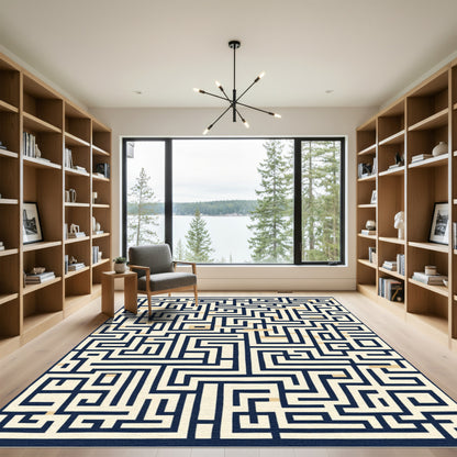 Navy Blue Cream Labyrinth Maze Rug