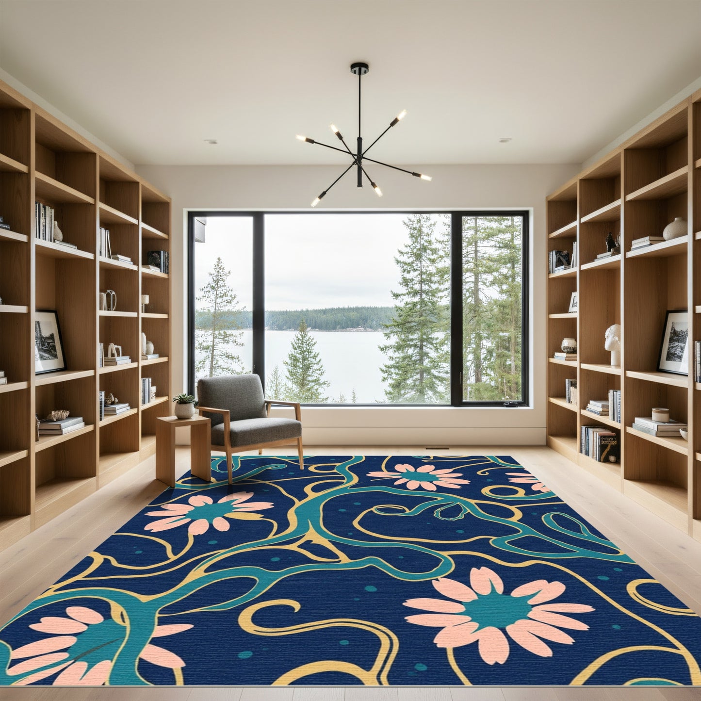 Navy Pink Floral Vine Stream Rug