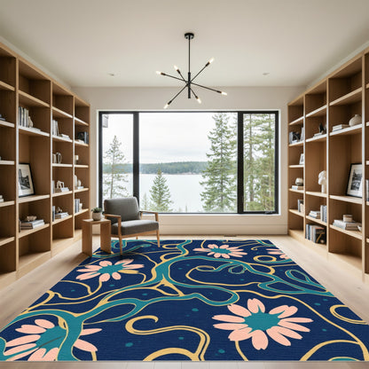 Navy Pink Floral Vine Stream Rug
