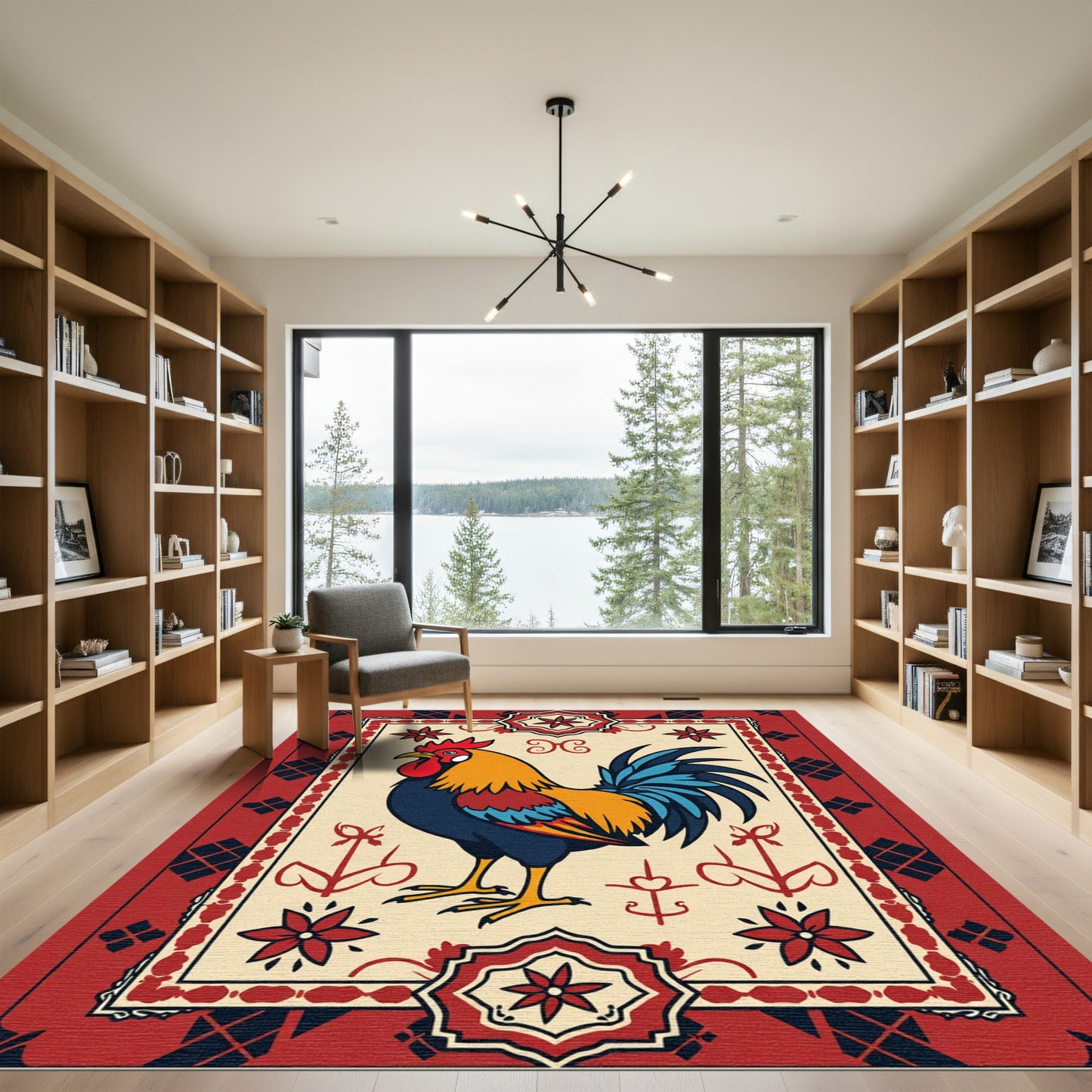 Bold Red Rooster Floral Border Rug