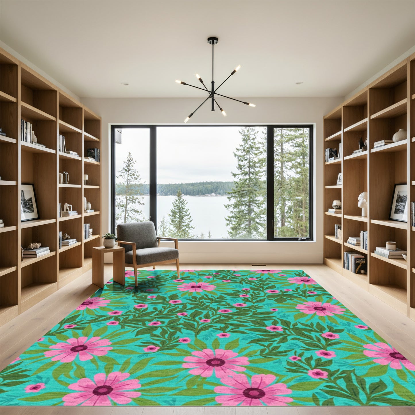 Teal Pink Floral Vine Composition Rug