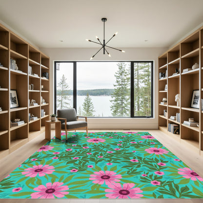 Teal Pink Floral Vine Composition Rug