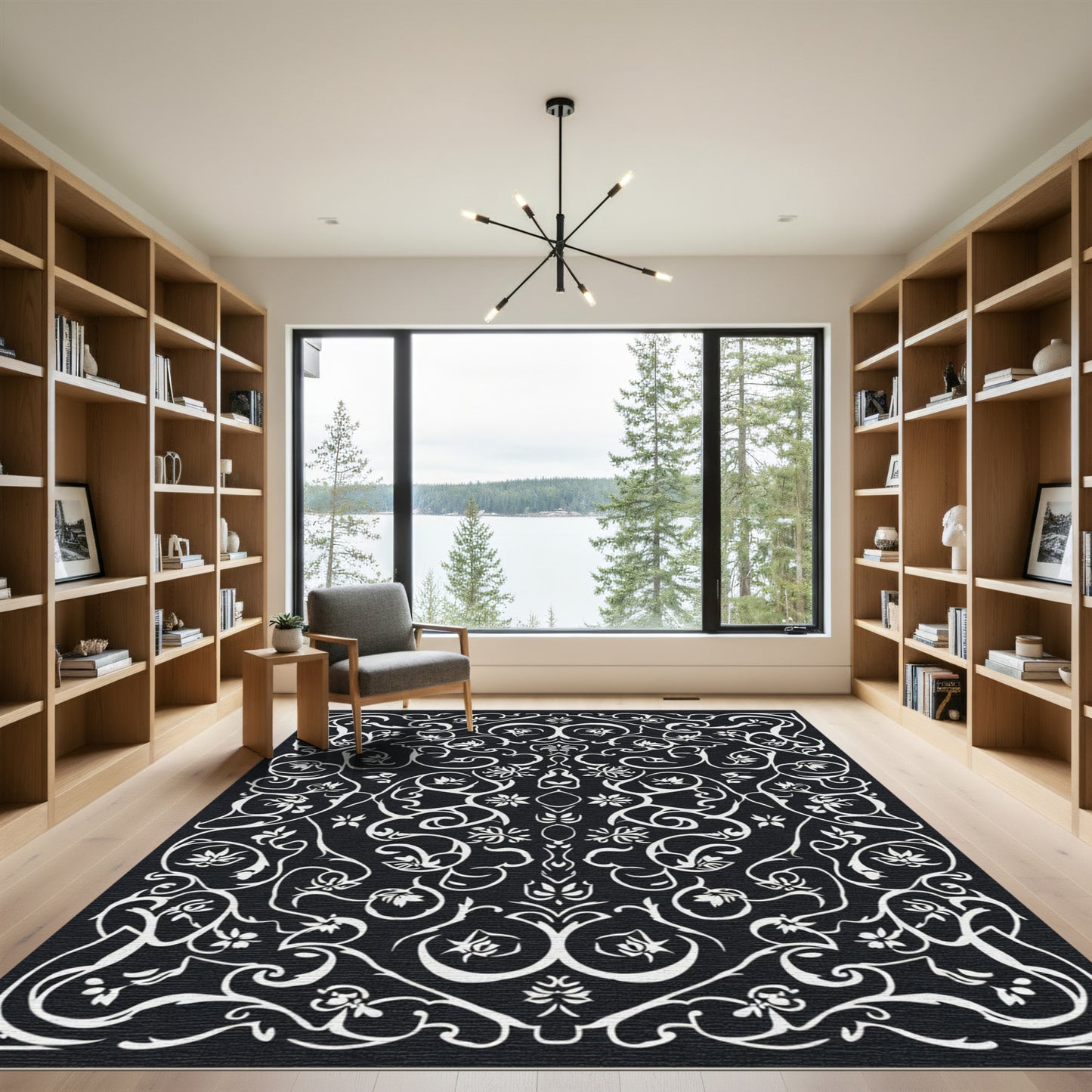 Black White Floral Swirl Damask Rug