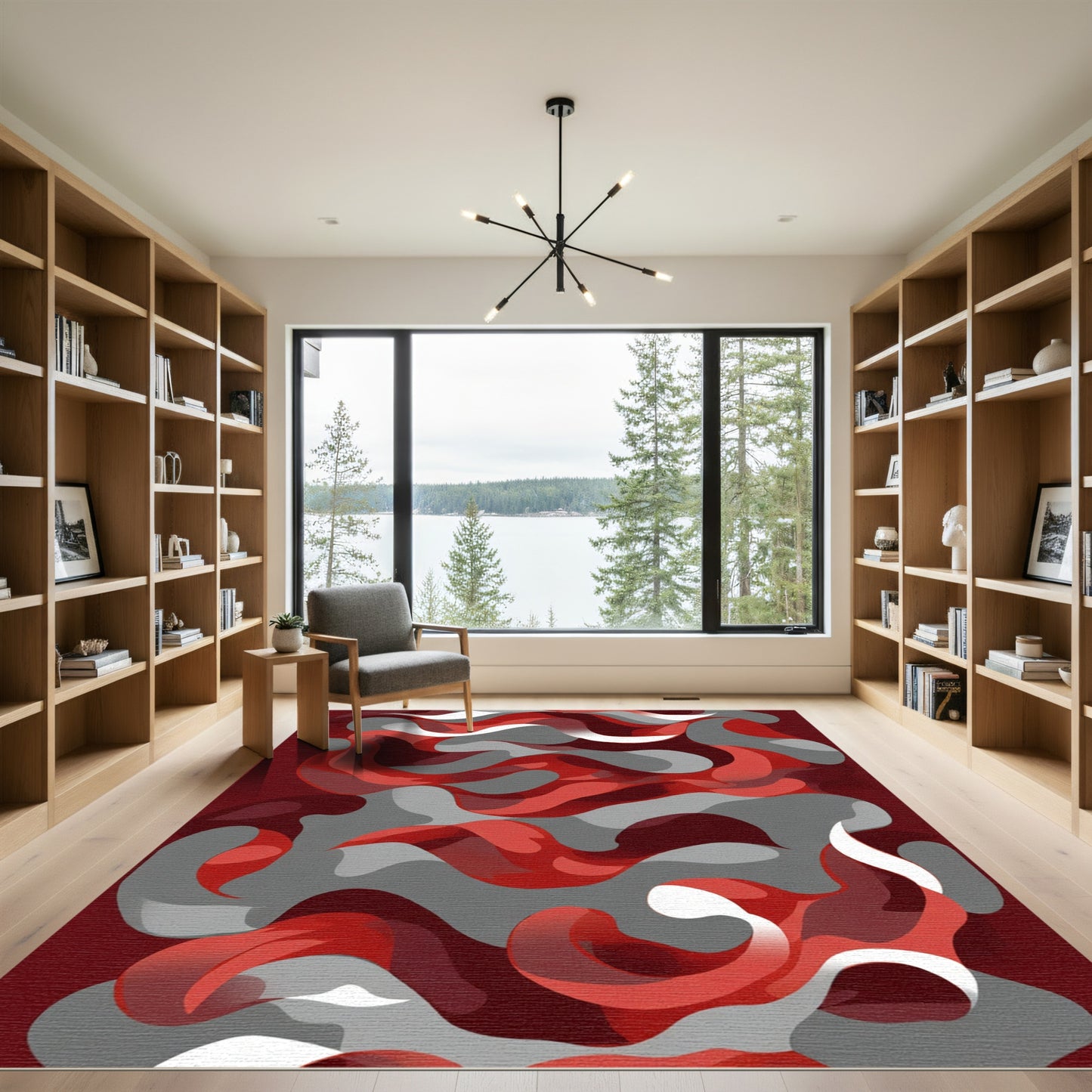 Crimson Gray Abstract Swirl Rug