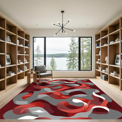 Crimson Gray Abstract Swirl Rug