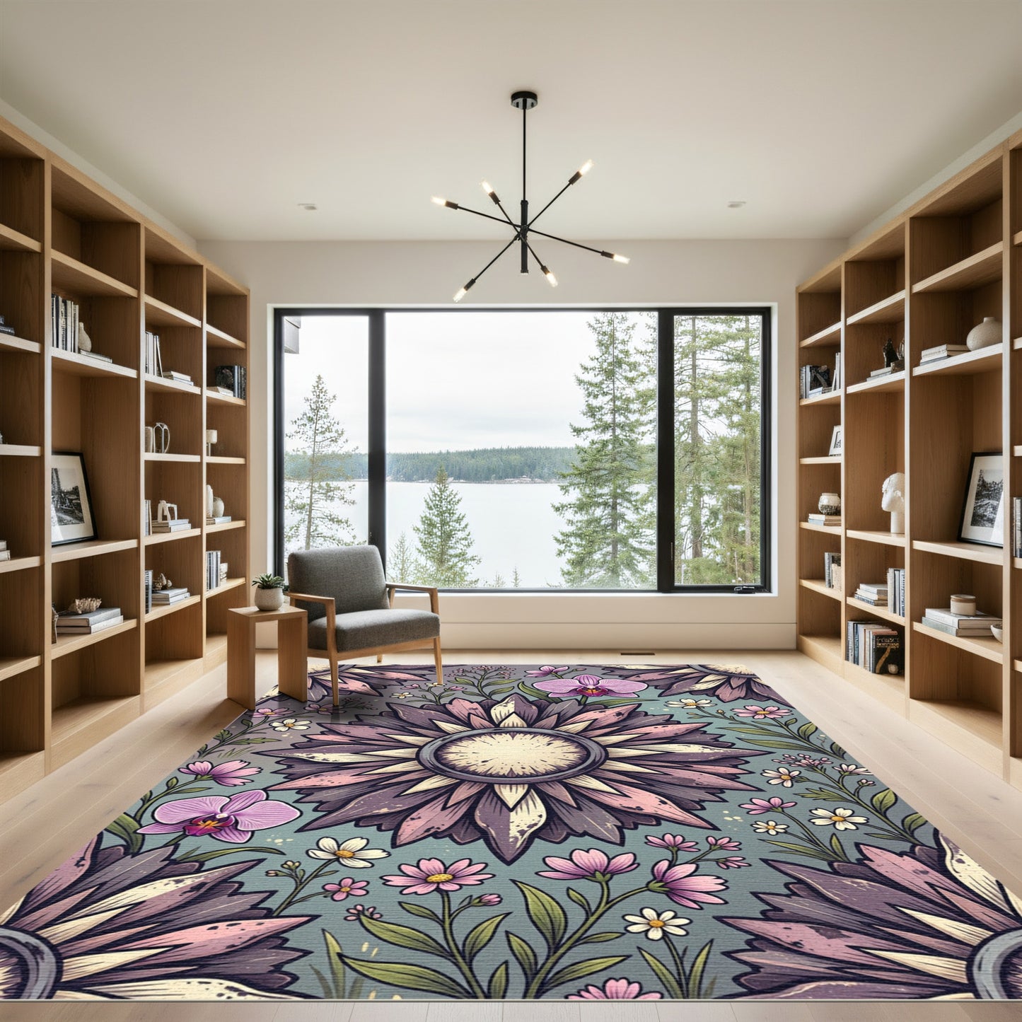 Muted Mauve Orchid and Sunflower Floral Rug