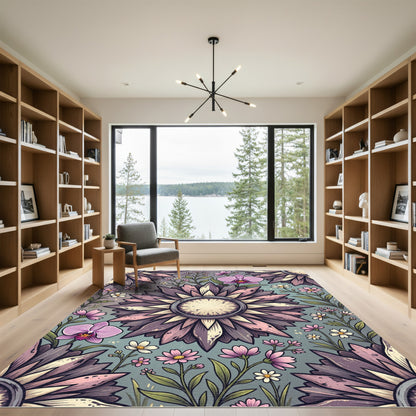 Muted Mauve Orchid and Sunflower Floral Rug