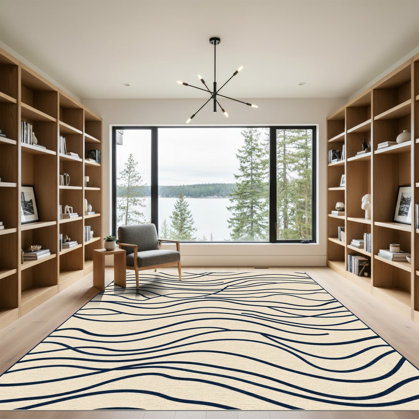 Navy Cream Abstract Lined Wave Rug