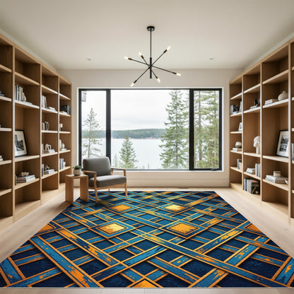 Golden Lattice Geometric Navy Area Rug