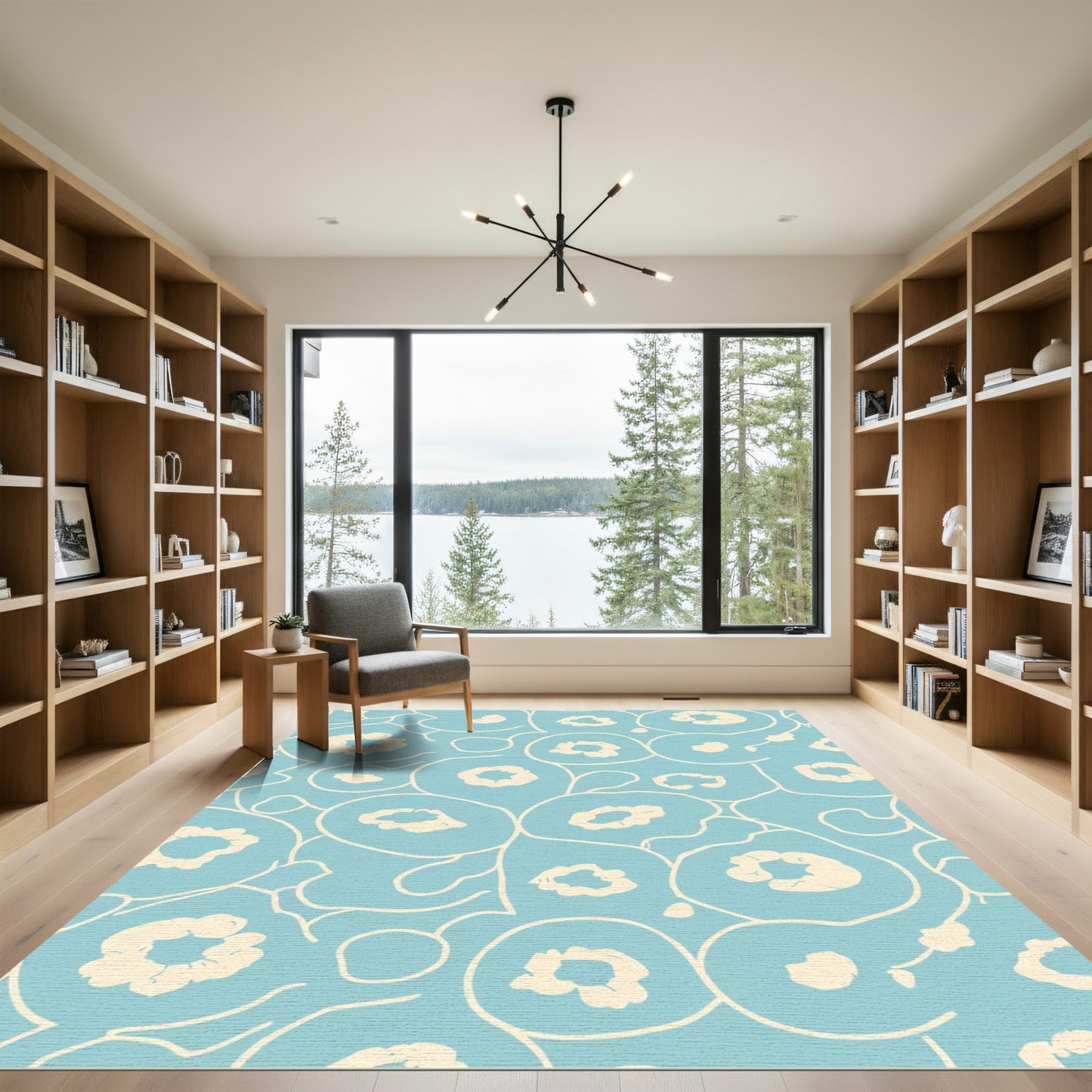 Pale Blue Cream Floral Vine Rug