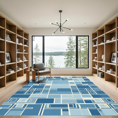 Cool Blue Geometric Grid Rug
