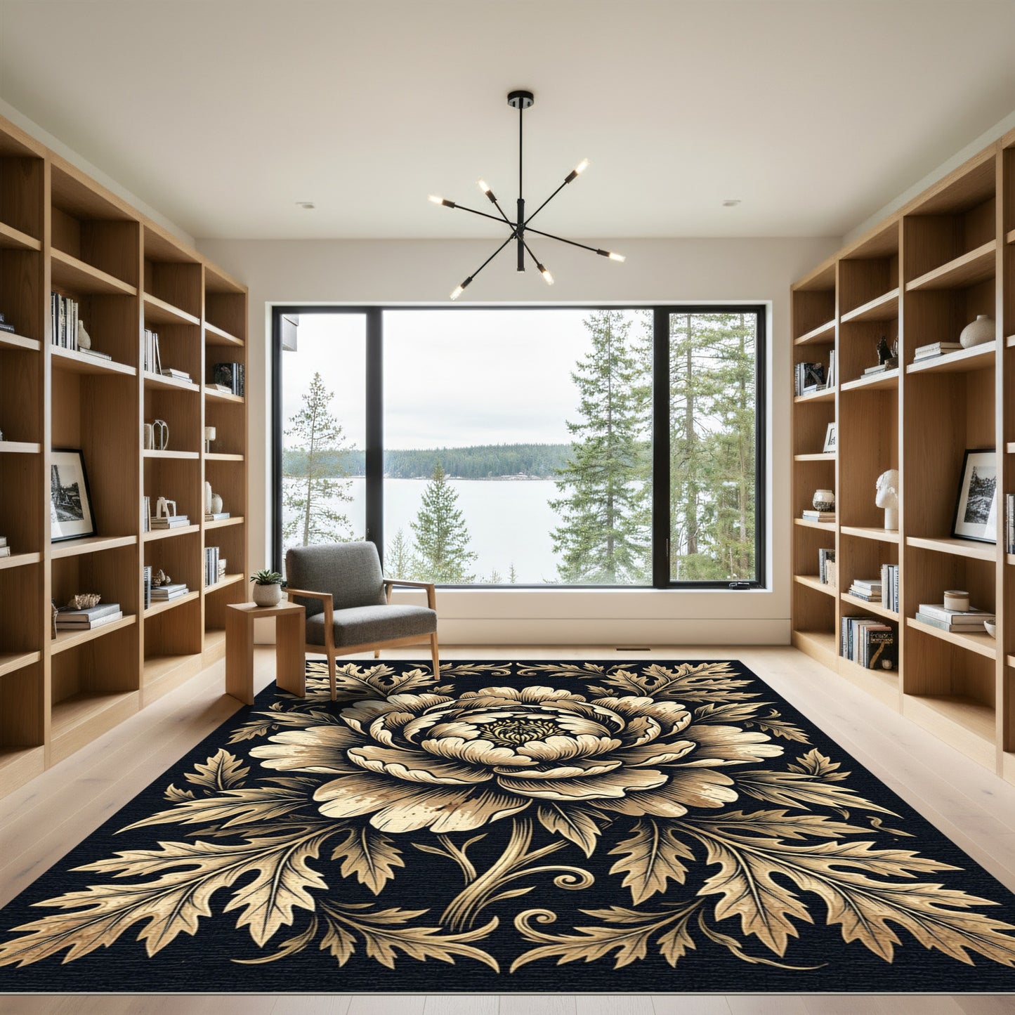 Gold Peony Floral Scroll Area Rug