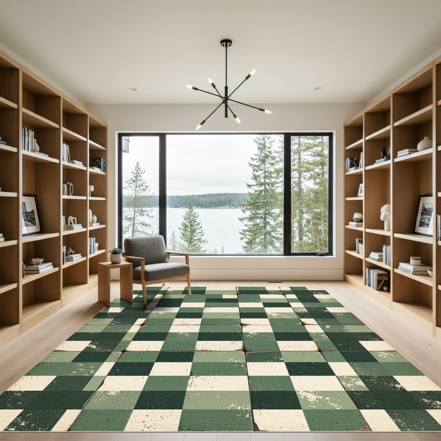 Vintage Sage and Forest Checkered Grid Rug