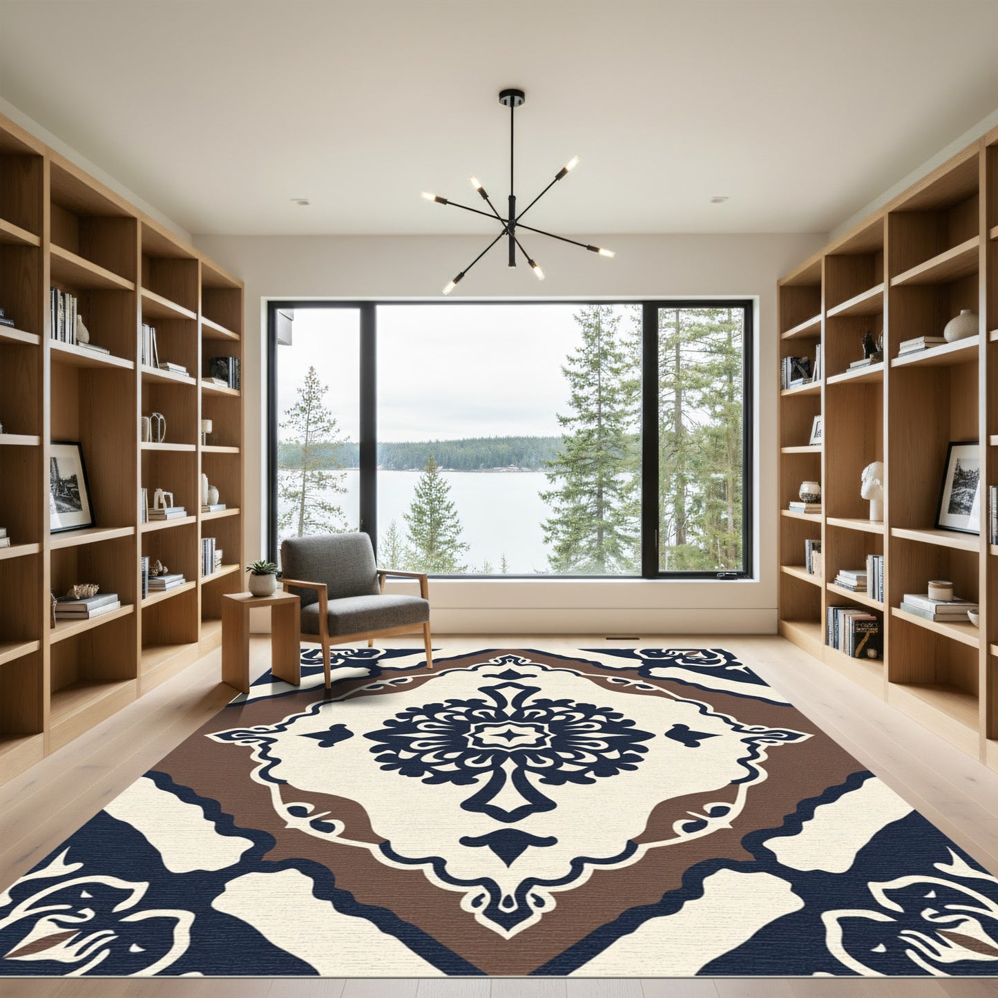 Cream Navy Brown Medallion Symmetry Rug