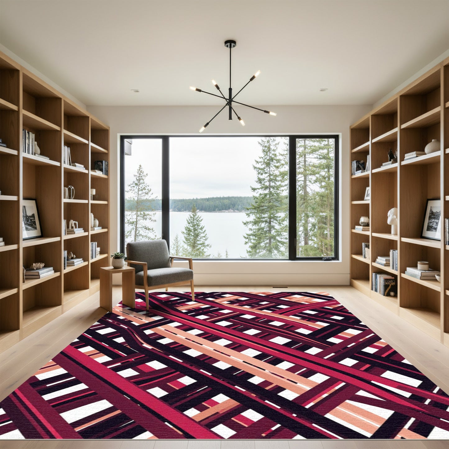 Abstract Burgundy and Peach Crosshatch Lines Rug