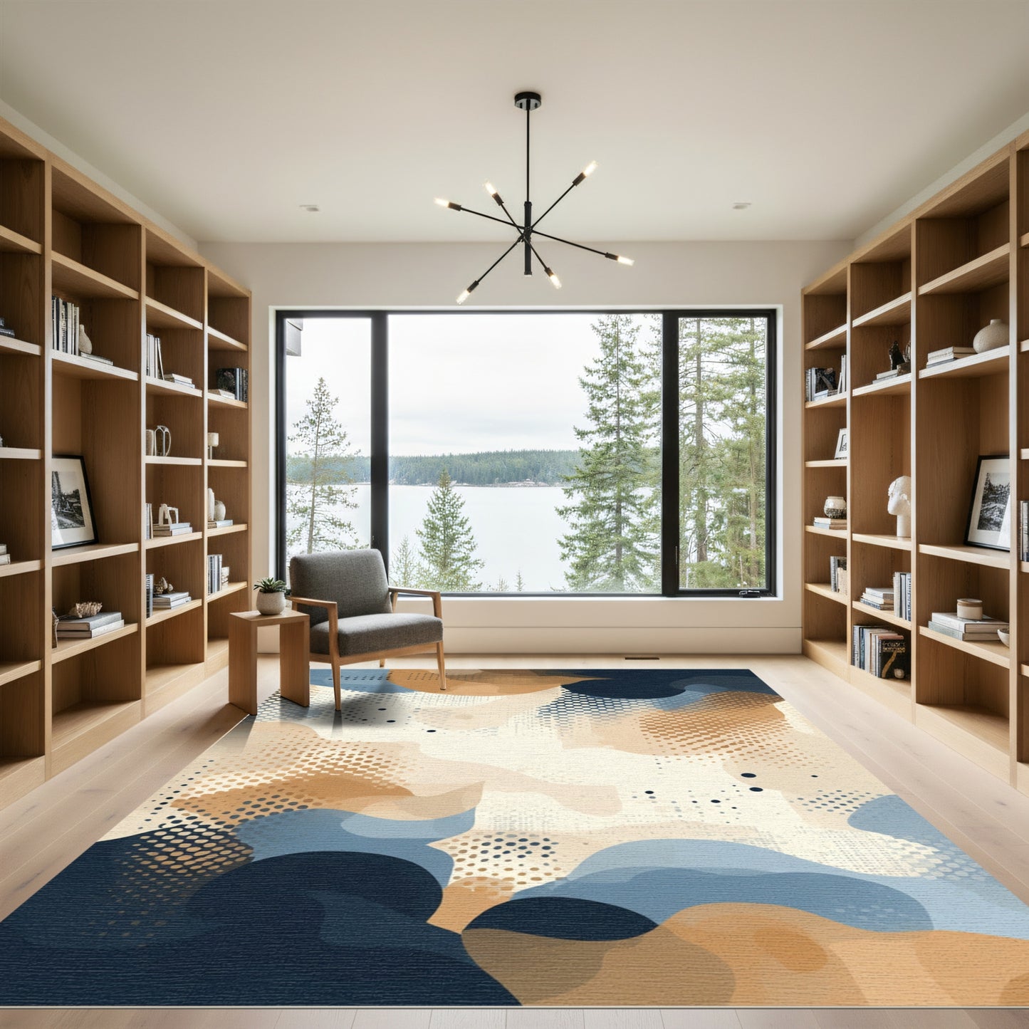 Abstract Shapes Blue Gold Halftone Rug