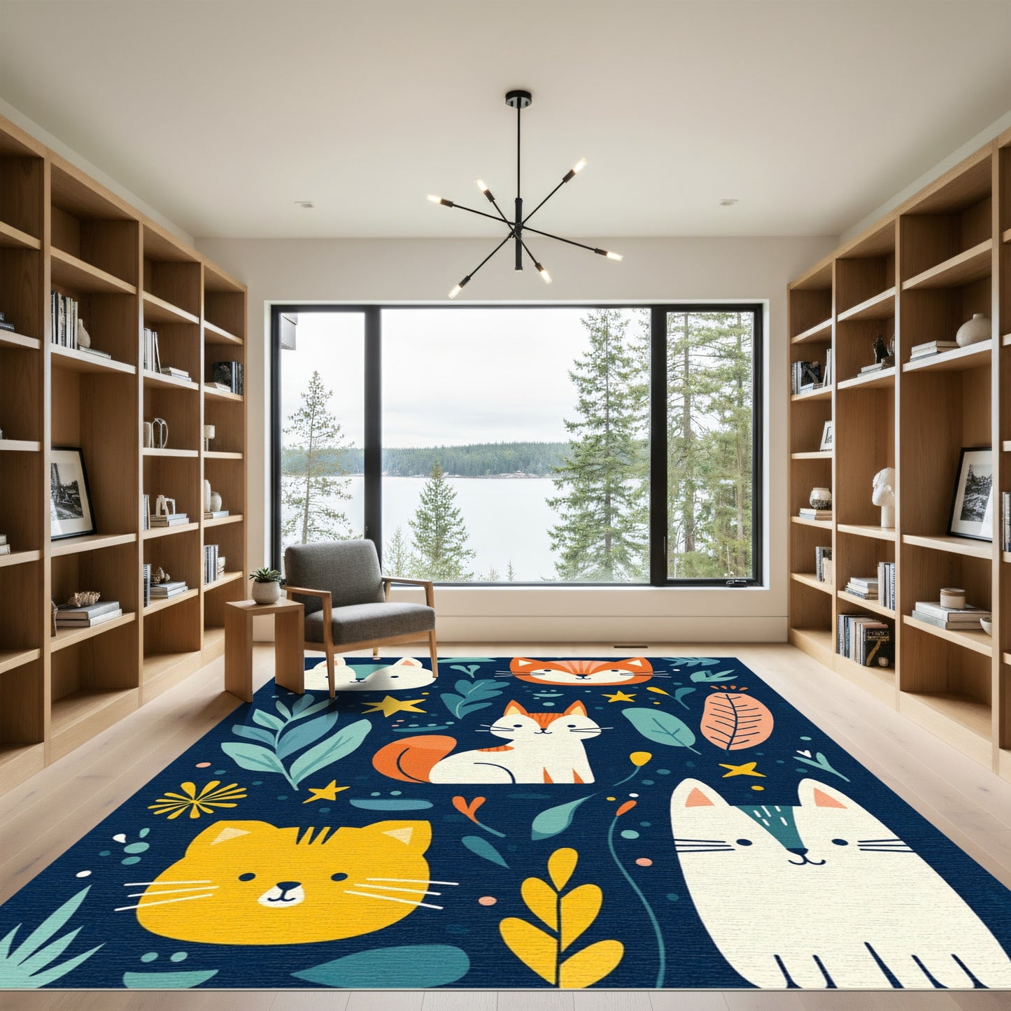 Whimsical Cats and Leaves Navy Rug