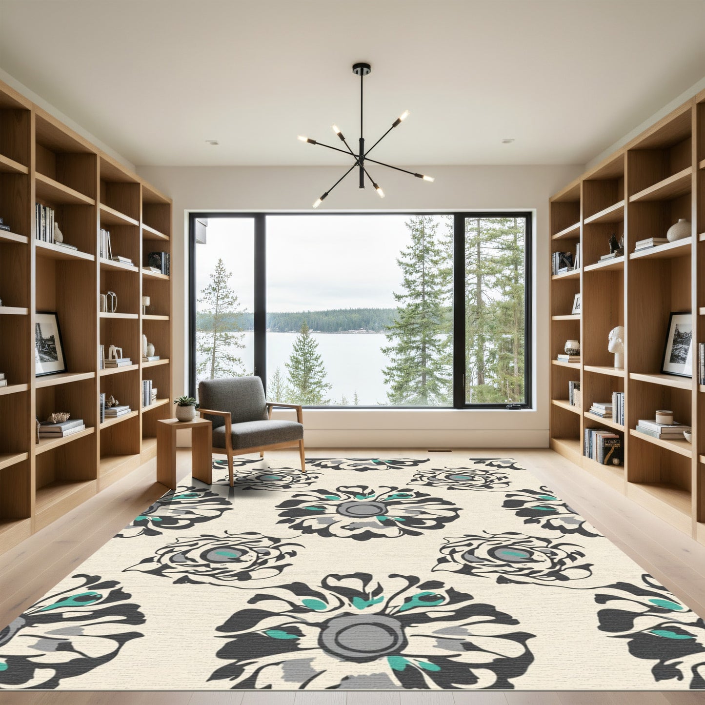 Gray Teal Abstract Floral Blooms Rug