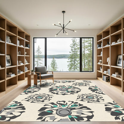 Gray Teal Abstract Floral Blooms Rug