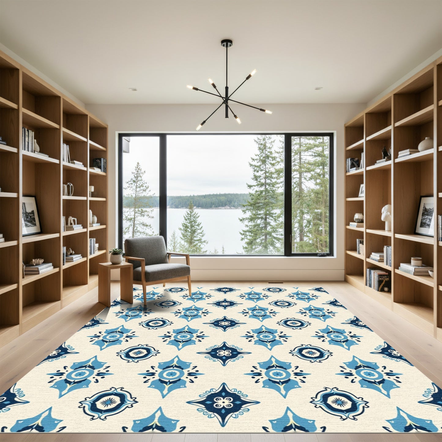 Navy Blue Cream Geometric Medallion Rug