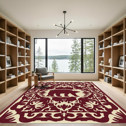 Deep Red Bear Woodland Border Rug