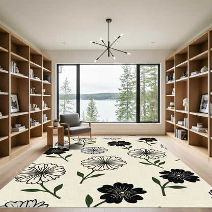 Simple Floral Black White Light Beige Rug