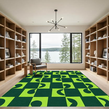 Lime Green Checkerboard Abstract Swirl Rug