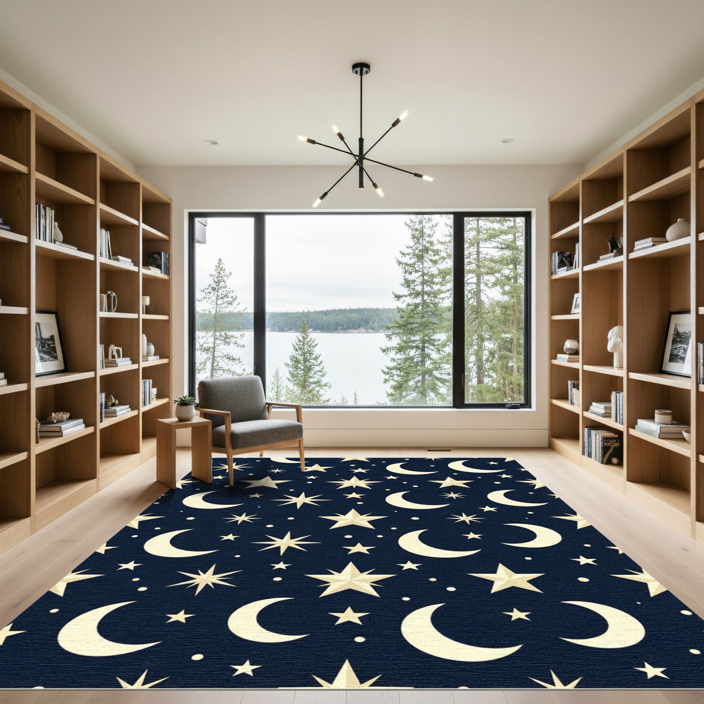Celestial Navy Blue Starry Night Moon Rug