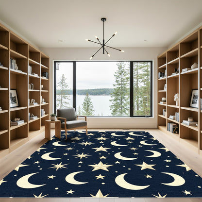 Celestial Navy Blue Starry Night Moon Rug