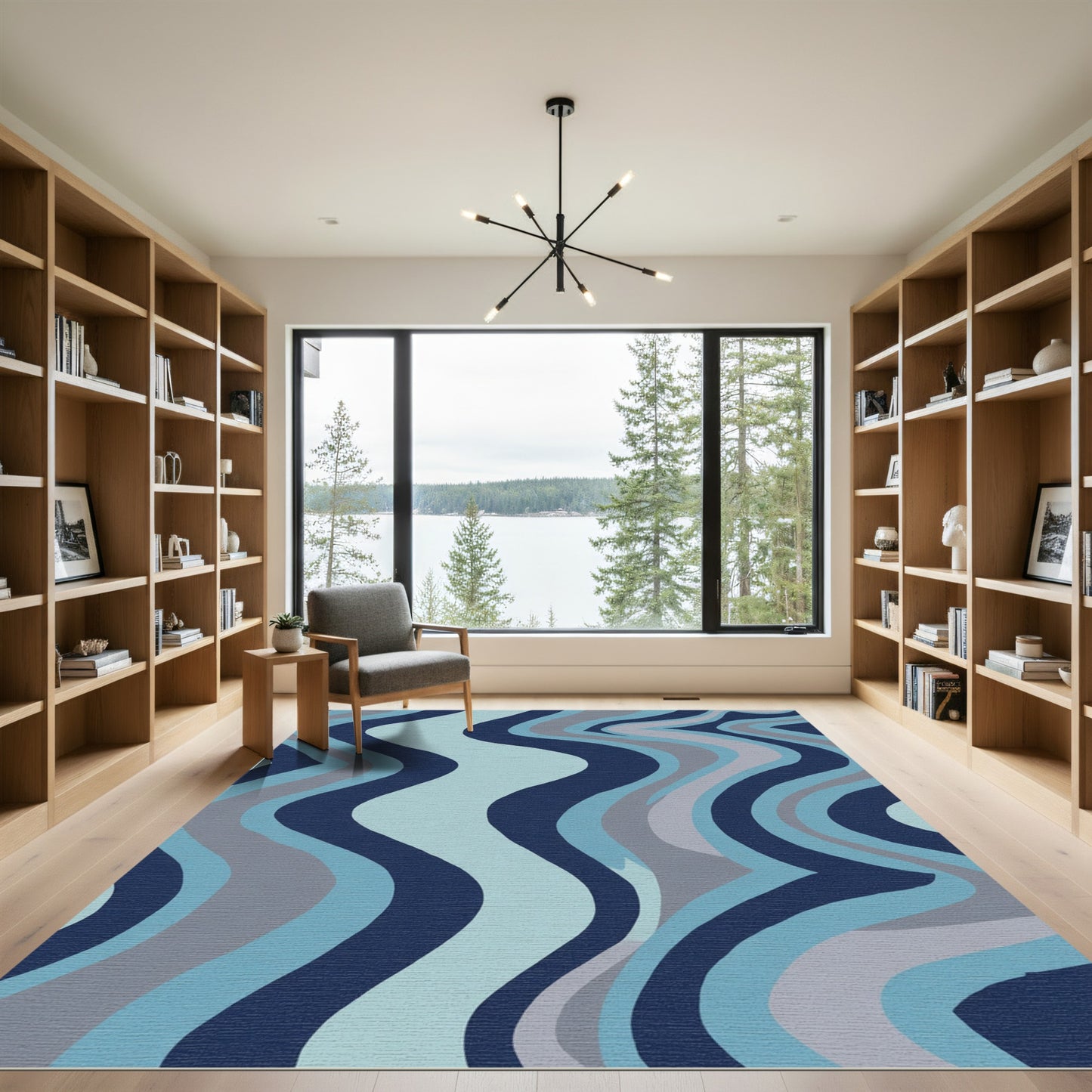 Calm Blue Abstract Wavy Stripes Rug