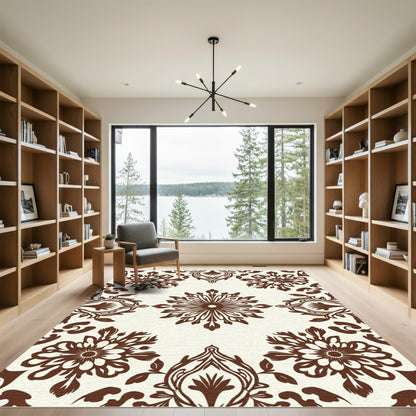 Brown Floral Medallion Scrollwork Rug