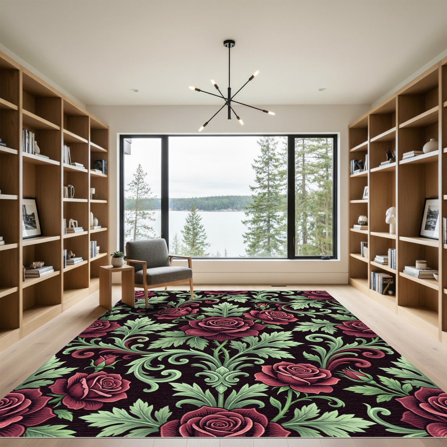 Elegant Crimson Rose Damask Botanical Rug