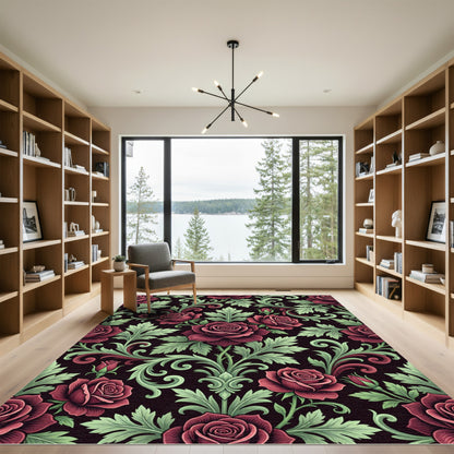Elegant Crimson Rose Damask Botanical Rug