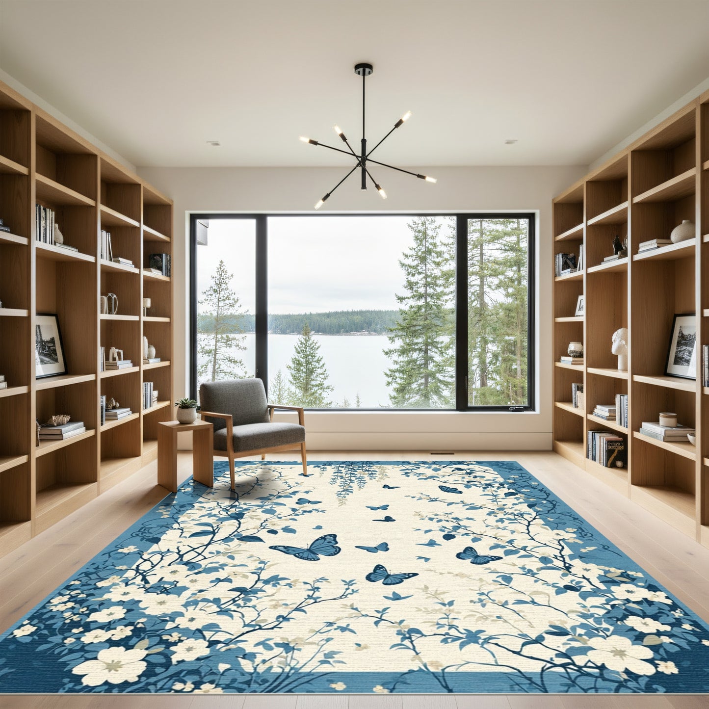 Blue Floral Butterfly Garden Scene Rug