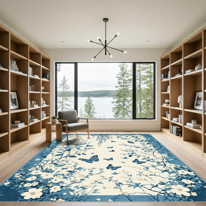Blue Floral Butterfly Garden Scene Rug